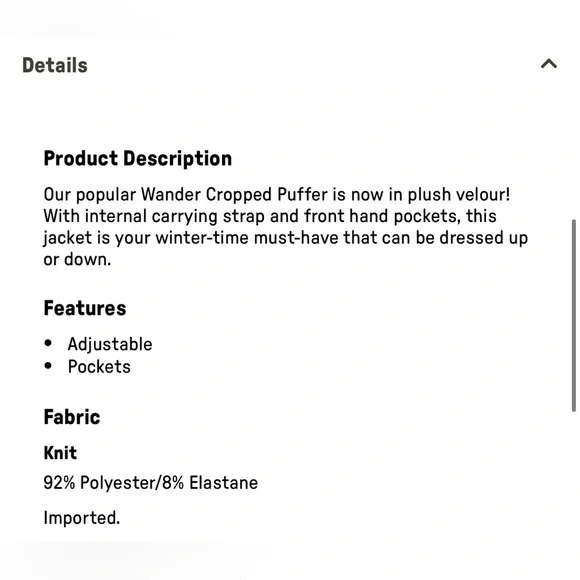 Fabletics Navy Wander Velour Cropped Puffer Jacket Size XL - Picture 8 of 8